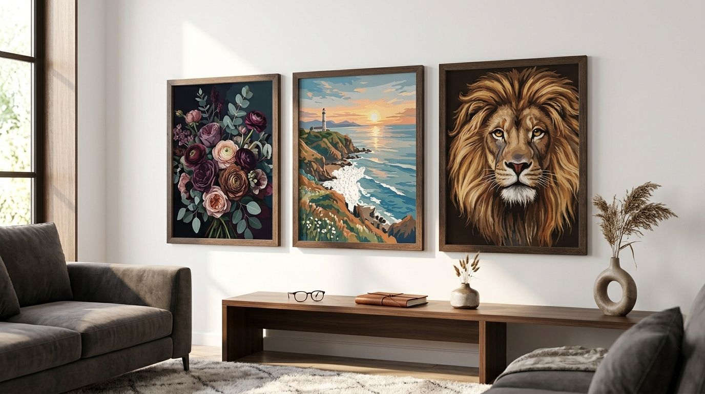 Collection de toiles de peinture par numéro adulte encadrées et affichées dans un salon moderne