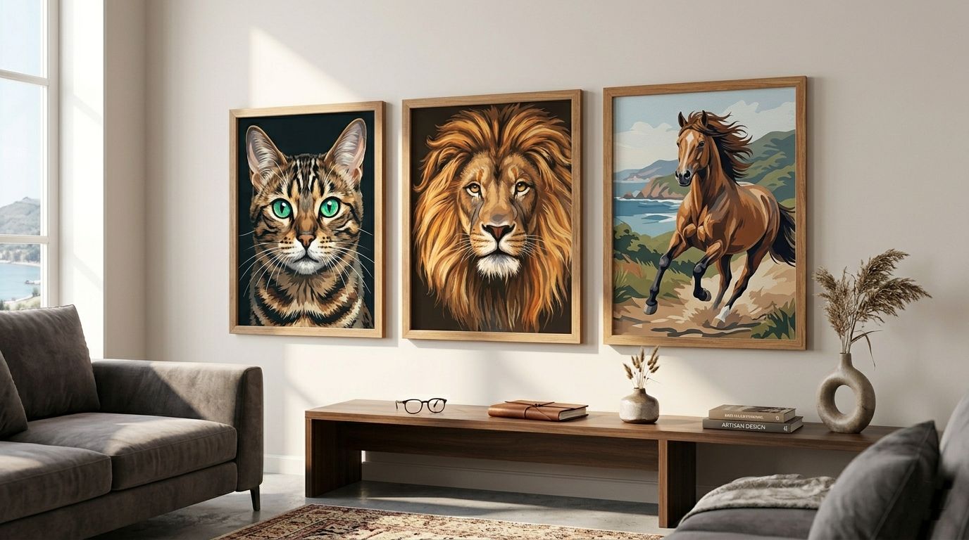 Collection de toiles de peinture par numéro animaux encadrées représentant un lion, un chat et un cheval dans un salon