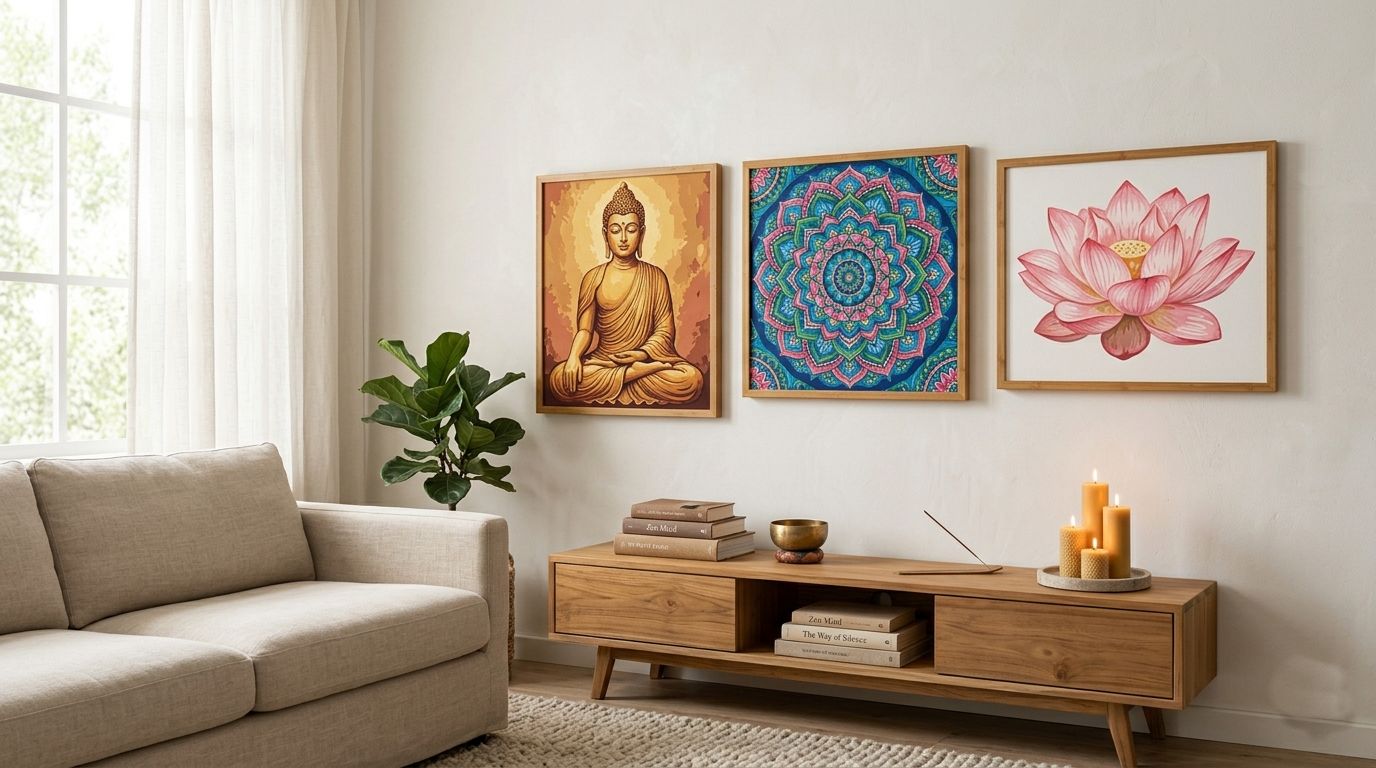Collection de toiles de peinture par numéro Bouddha et zen encadrées représentant un Bouddha, un mandala et un lotus dans un salon