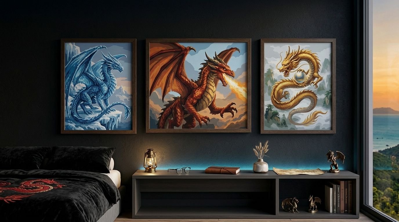 Collection de toiles de peinture par numéro dragon encadrées représentant différents dragons dans un salon moderne