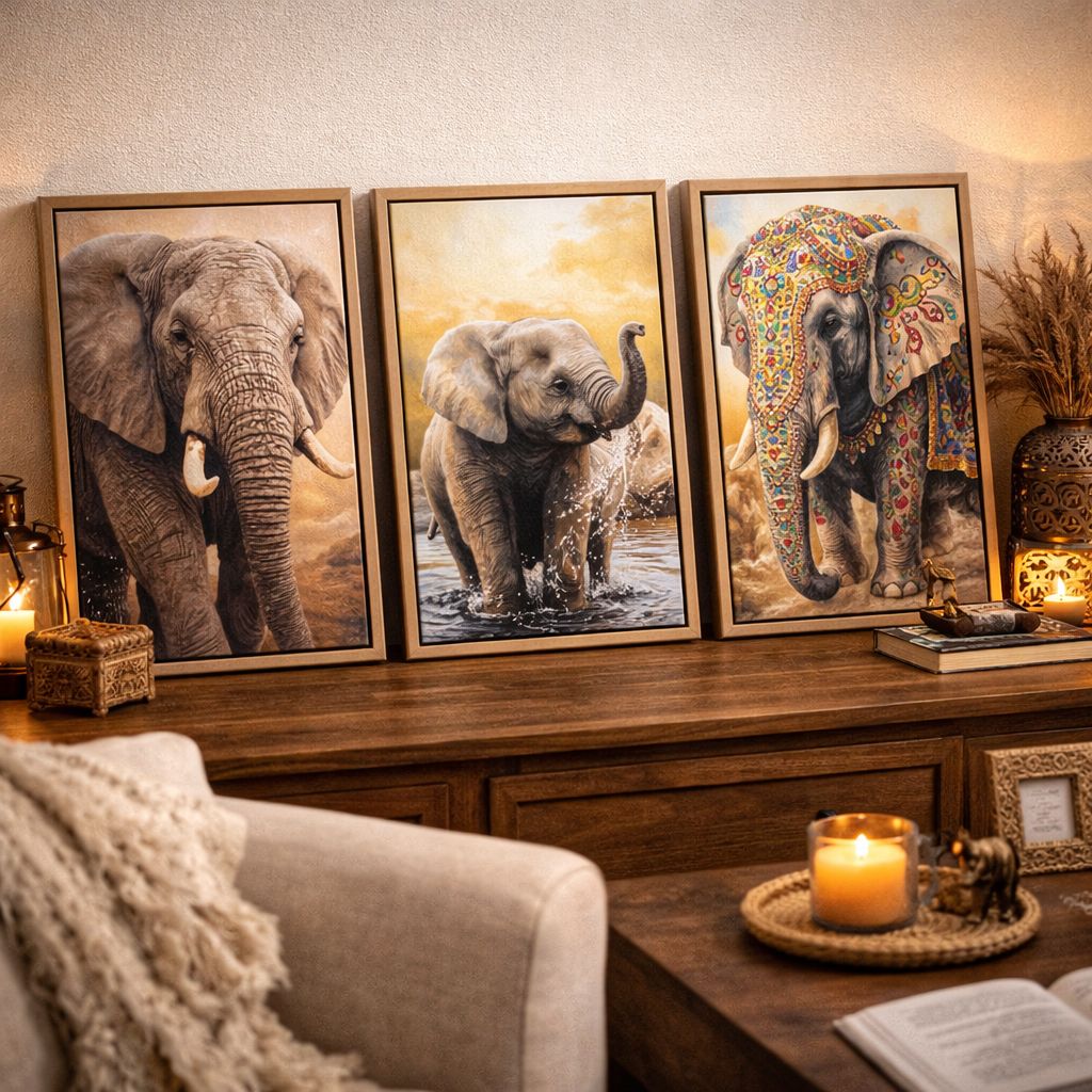 Collection de toiles de peinture par numéro encadrées avec des éléphants d'Afrique, d'Asie et des éléphanteaux dans un salon au style bohème