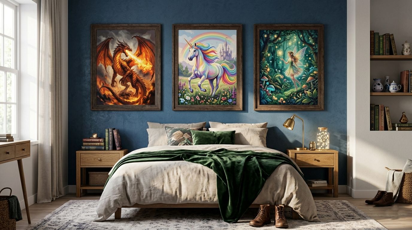 Collection de toiles de peinture par numéro fantaisie encadrées représentant un dragon, une licorne et une fée dans un salon