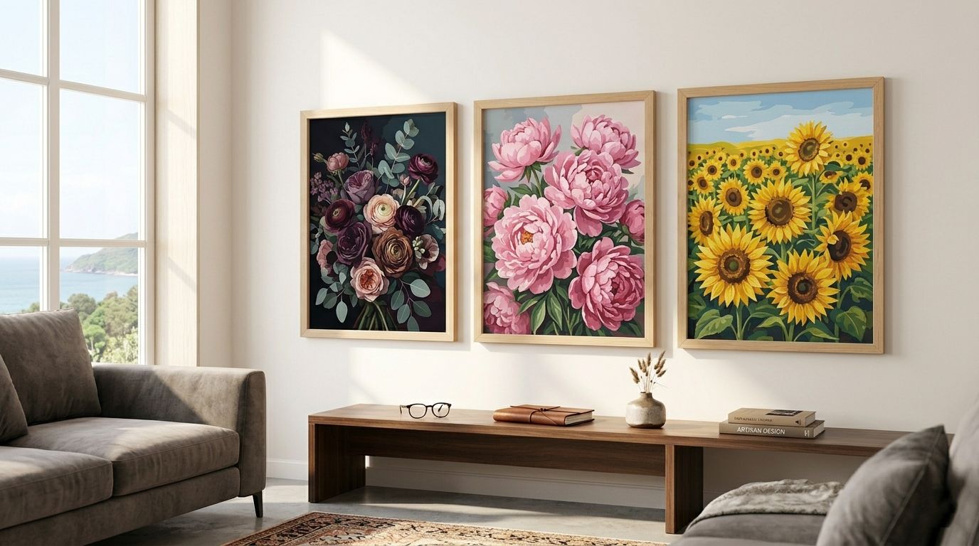 Collection de toiles de peinture par numéro fleurs encadrées représentant des roses, pivoines et tournesols dans un salon