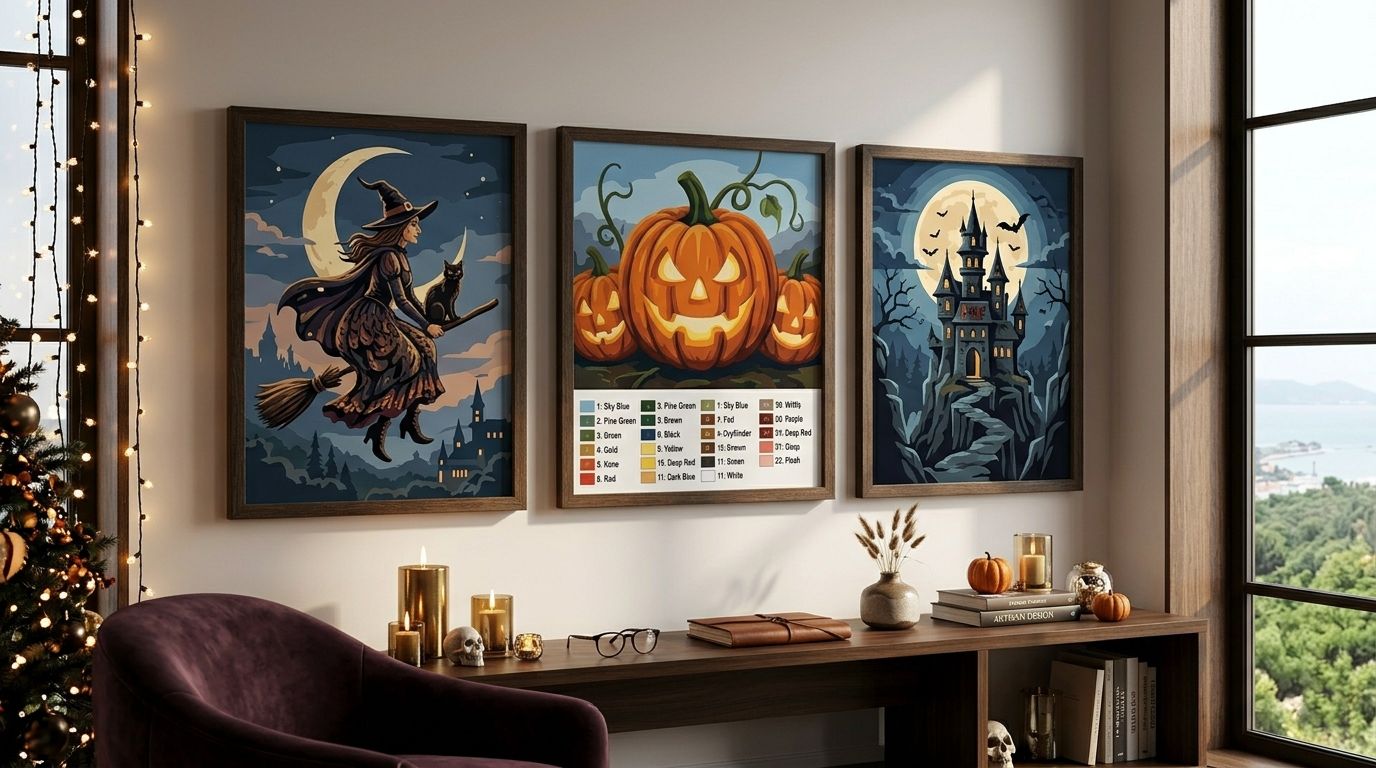 Collection de toiles de peinture par numéro Halloween encadrées représentant une citrouille, une sorcière et un château hanté
