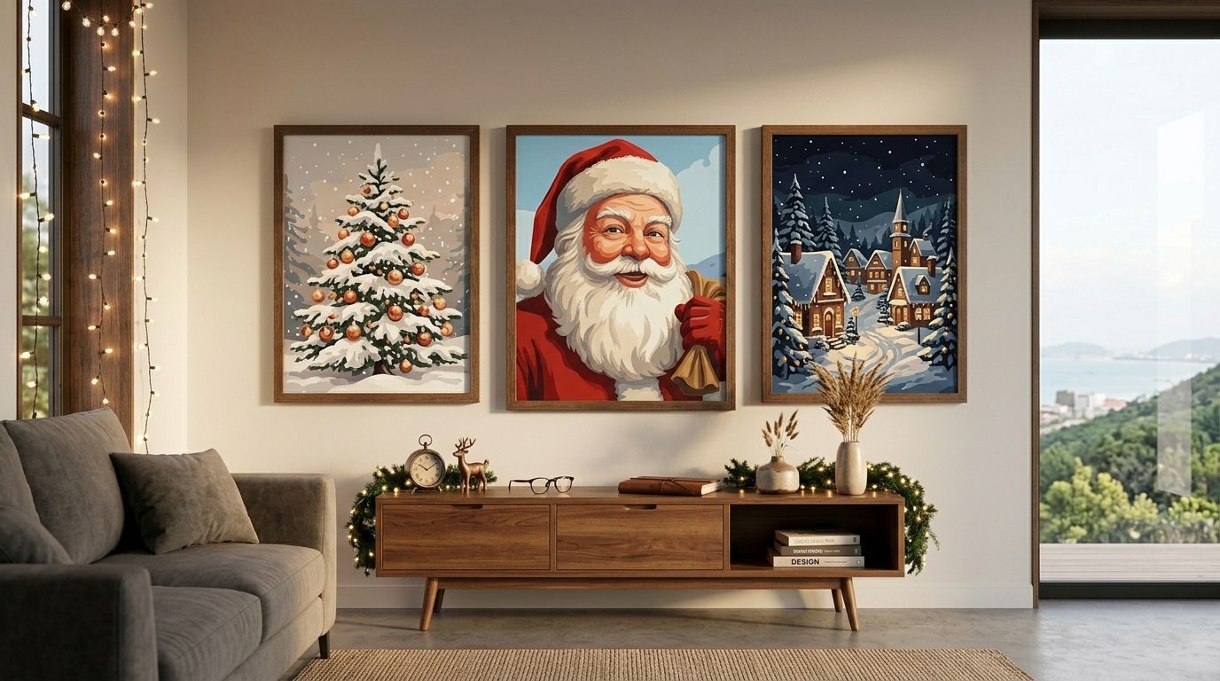 Collection de toiles de peinture par numéro Noël encadrées représentant un sapin, un Père Noël et un chalet dans un salon décoré