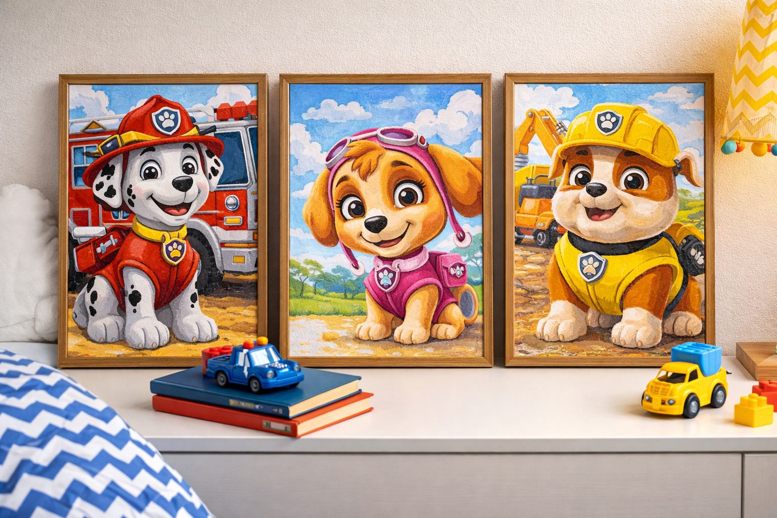 Collection de toiles de peinture par numéro encadrées avec les chiots de la Pat' Patrouille dans une décoration de chambre d'enfant