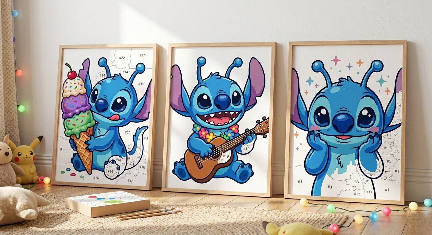 Collection de toiles de peinture par numéro encadrées représentant Stitch qui mange une glace et joue du ukulélé dans une chambre d'enfant