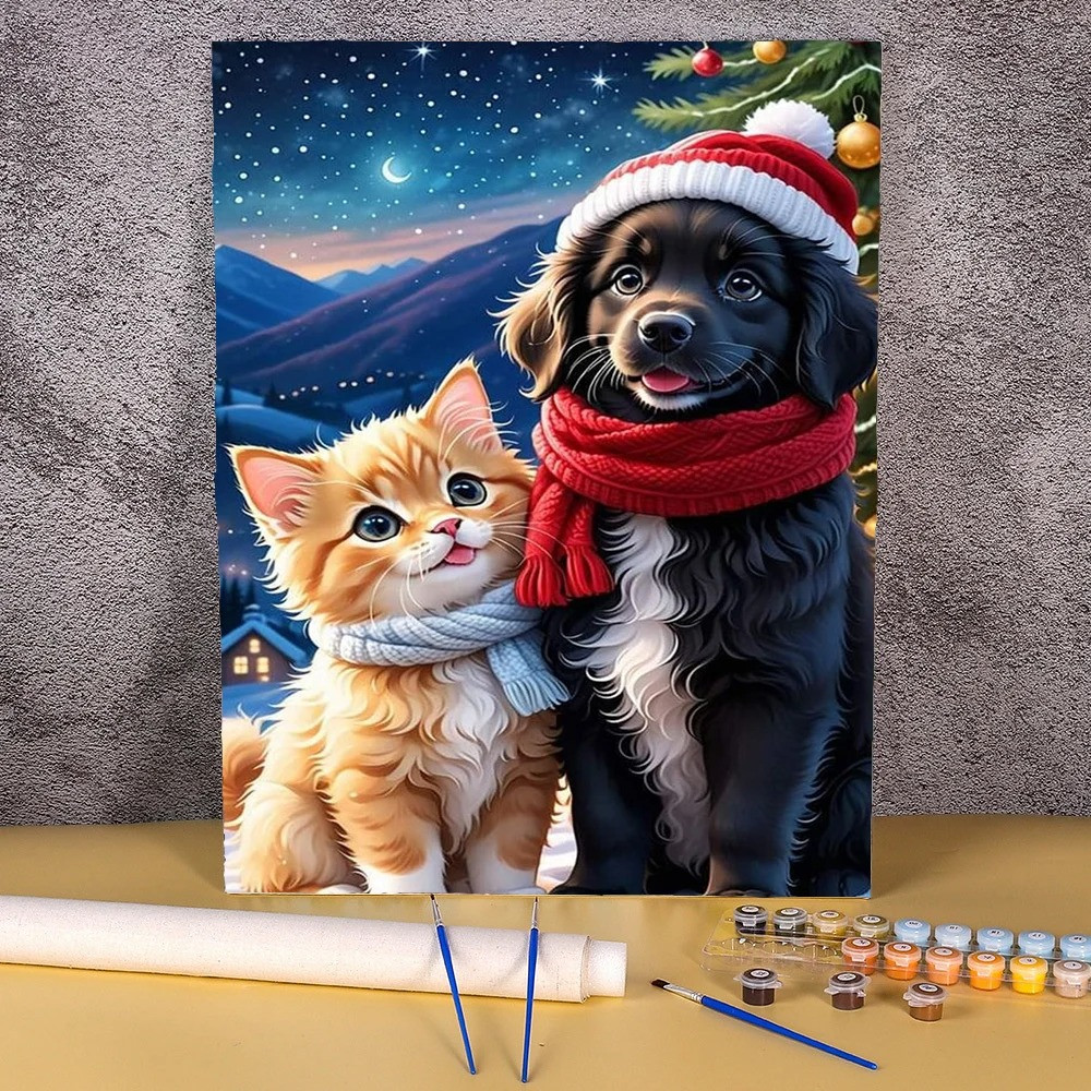 Résultat final du tableau Noël Câlin entre Chaton et Chiot.
