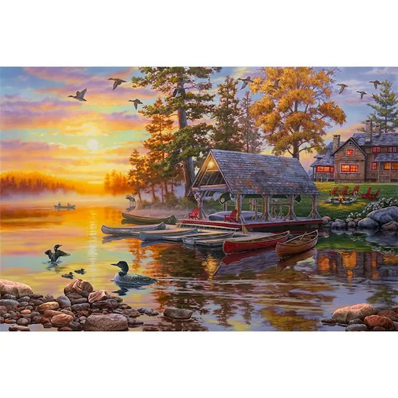 Résultat final du tableau Bord de Lac : Coucher de Soleil Doré