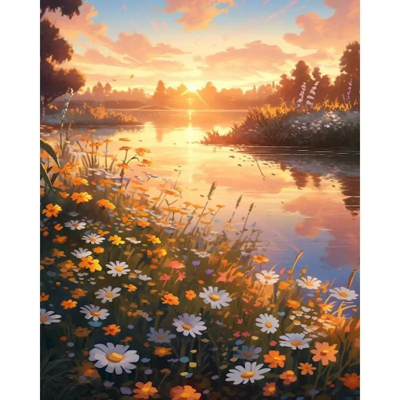 Résultat final du tableau Coucher de Soleil : Marguerites au Bord du Lac