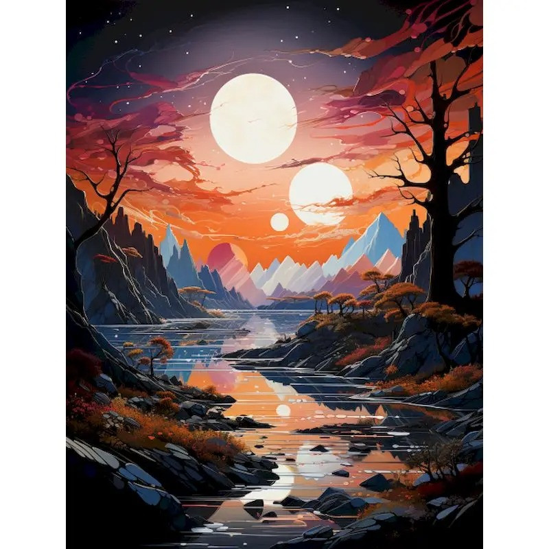 Résultat final du tableau Paysage Fantastique : Les Trois Lunes