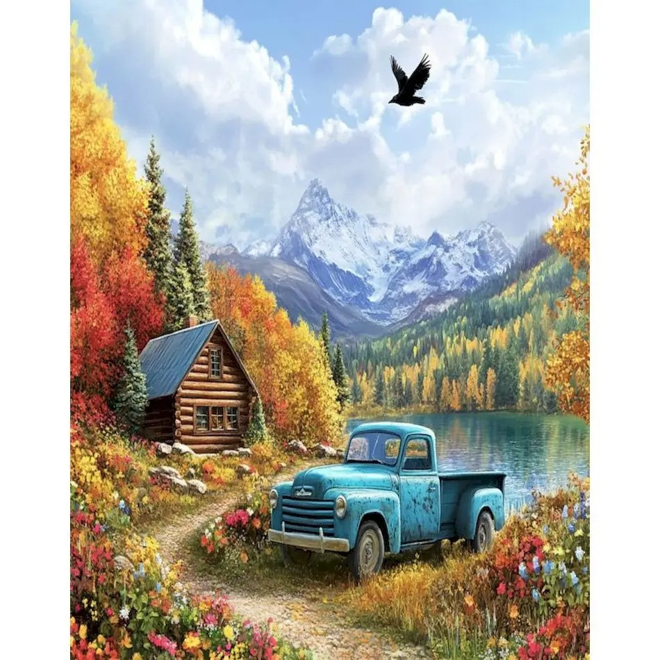 Résultat final de la peinture par numéro Camionnette Vintage et Chalet