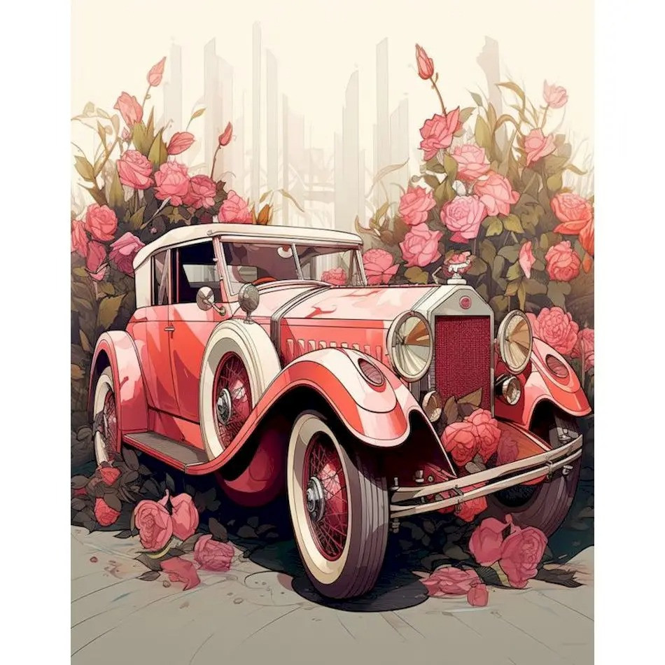 Résultat final de la peinture par numéro voiture vintage et roses