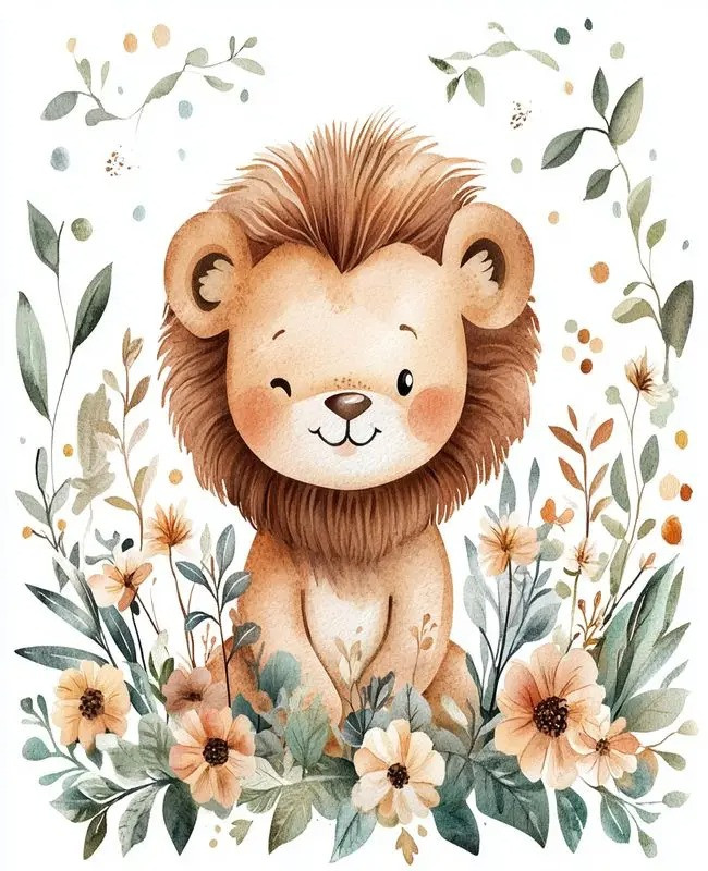 Résultat final de la peinture bébé lionceau fleuri