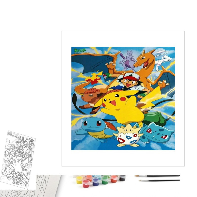 Contenu complet du kit peinture par numero Sacha, Pikachu et ses Pokémon de Légende