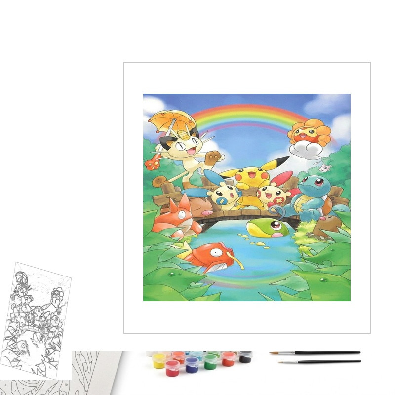 Contenu complet du kit peinture par numero Pikachu et Amis sous l'Arc-en-Ciel