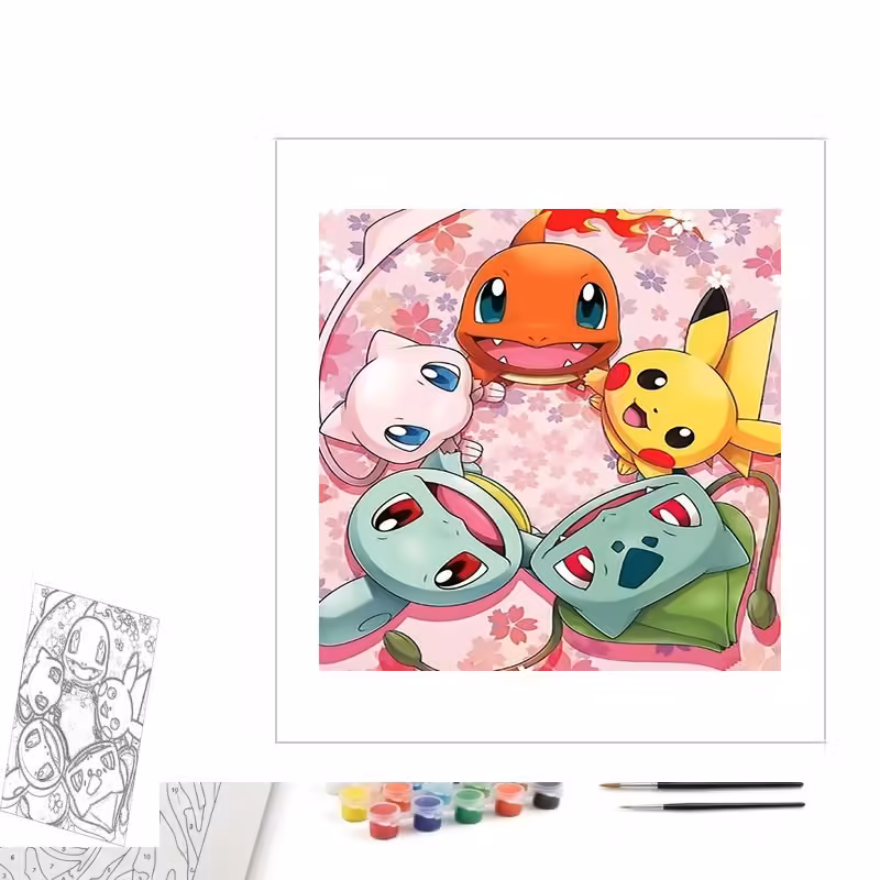Contenu complet du kit peinture par numero Ronde des Pokémon et Fleurs de Cerisier