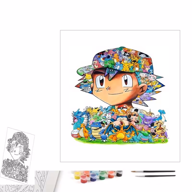 Contenu complet du kit peinture par numero Sacha et le Bestiaire de Kanto (Mosaïque)