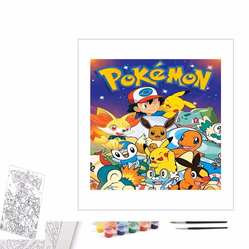 Contenu complet du kit peinture par numero Affiche Pokémon : Les Compagnons d'Aventure
