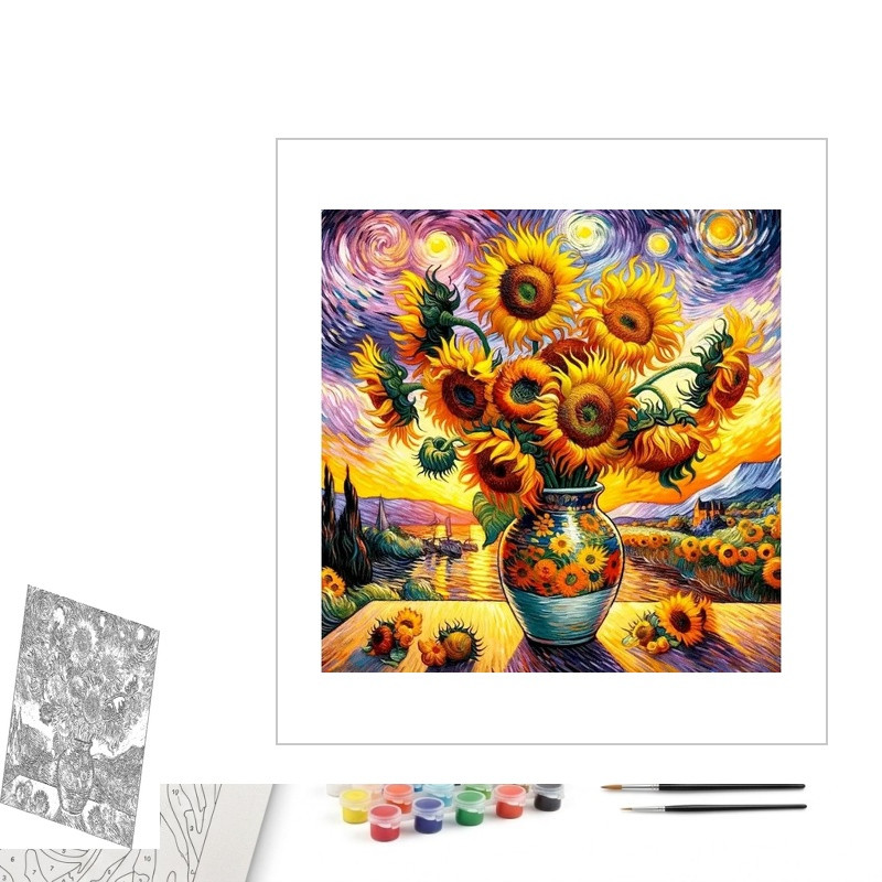Contenu complet du kit peinture par numero Harmonie de Tournesols Lumineux