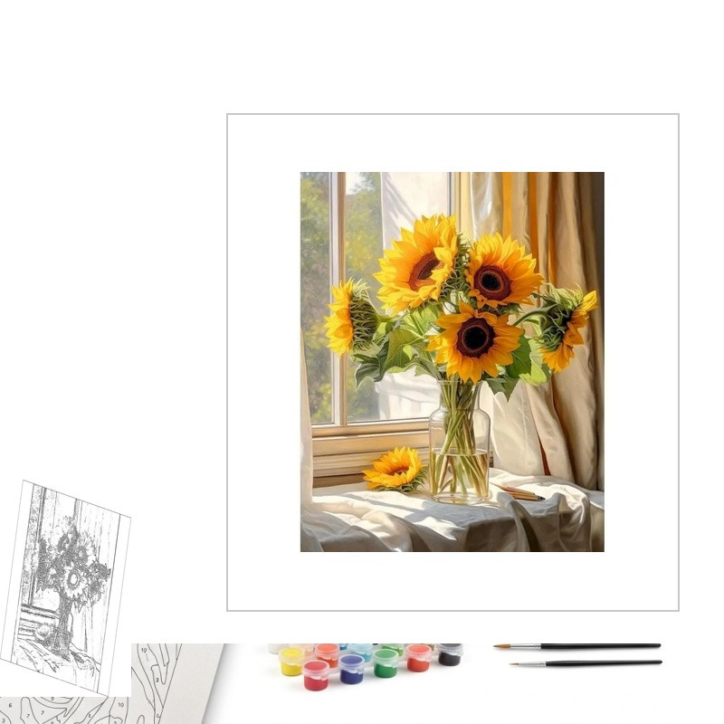 Contenu complet du kit peinture par numero Bouquet de Tournesols de la Fenêtre