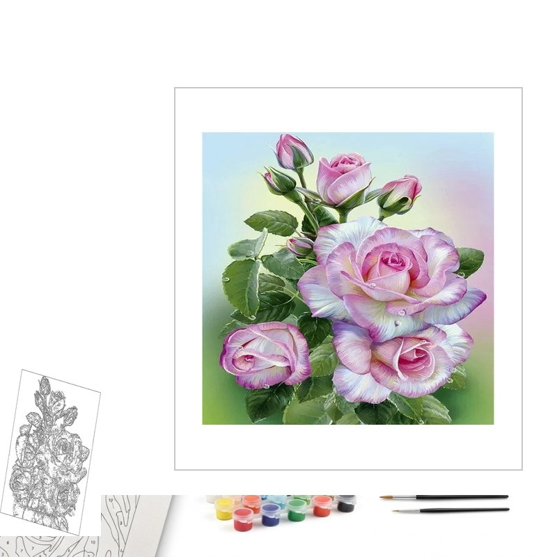 Contenu complet du kit peinture par numero Bouquet de Roses Roses et Blanches