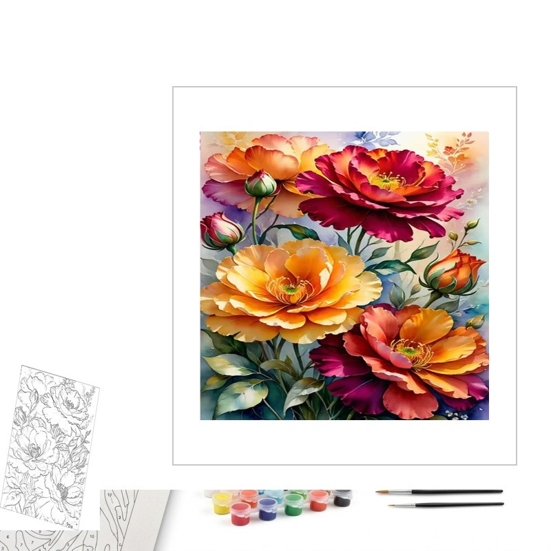 Contenu complet du kit peinture par numero Harmonie de Pivoines de Printemps