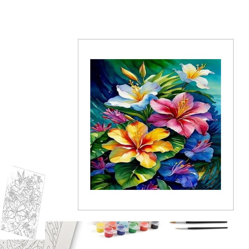Contenu complet du kit peinture par numero Fleurs de Frangipaniers Délicates