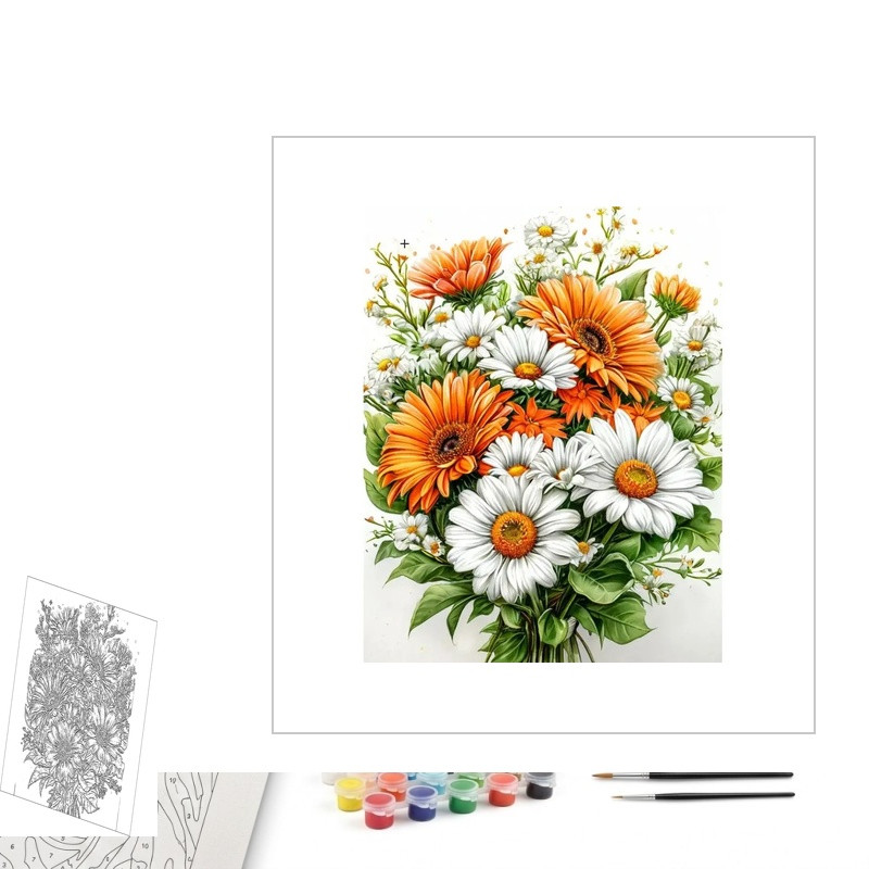 Contenu complet du kit peinture par numero Bouquet de Marguerites et Gerbéras