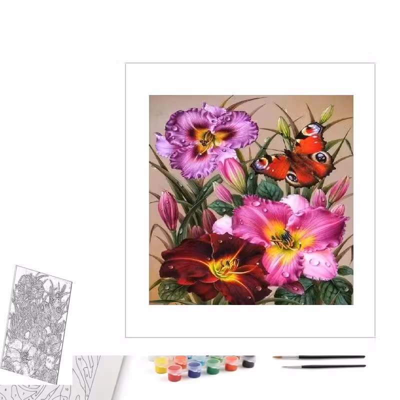 Contenu complet du kit peinture par numero Bouquet de Primevères de Printemps