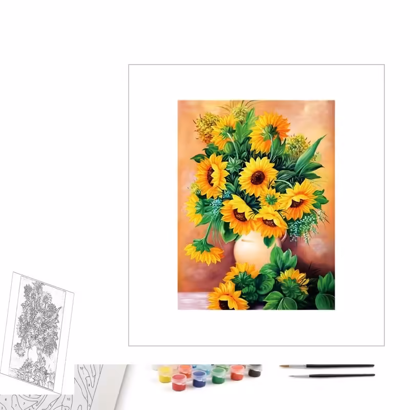 Contenu complet du kit peinture par numero Vase de Tournesols Dorés